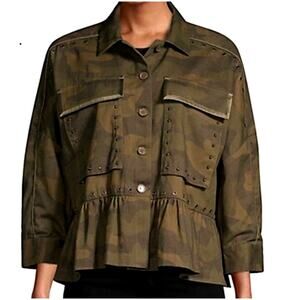 Joie Womens Samia Camo Ruffle Jacket Rivets Studs Satin Trim Size Medium NEW